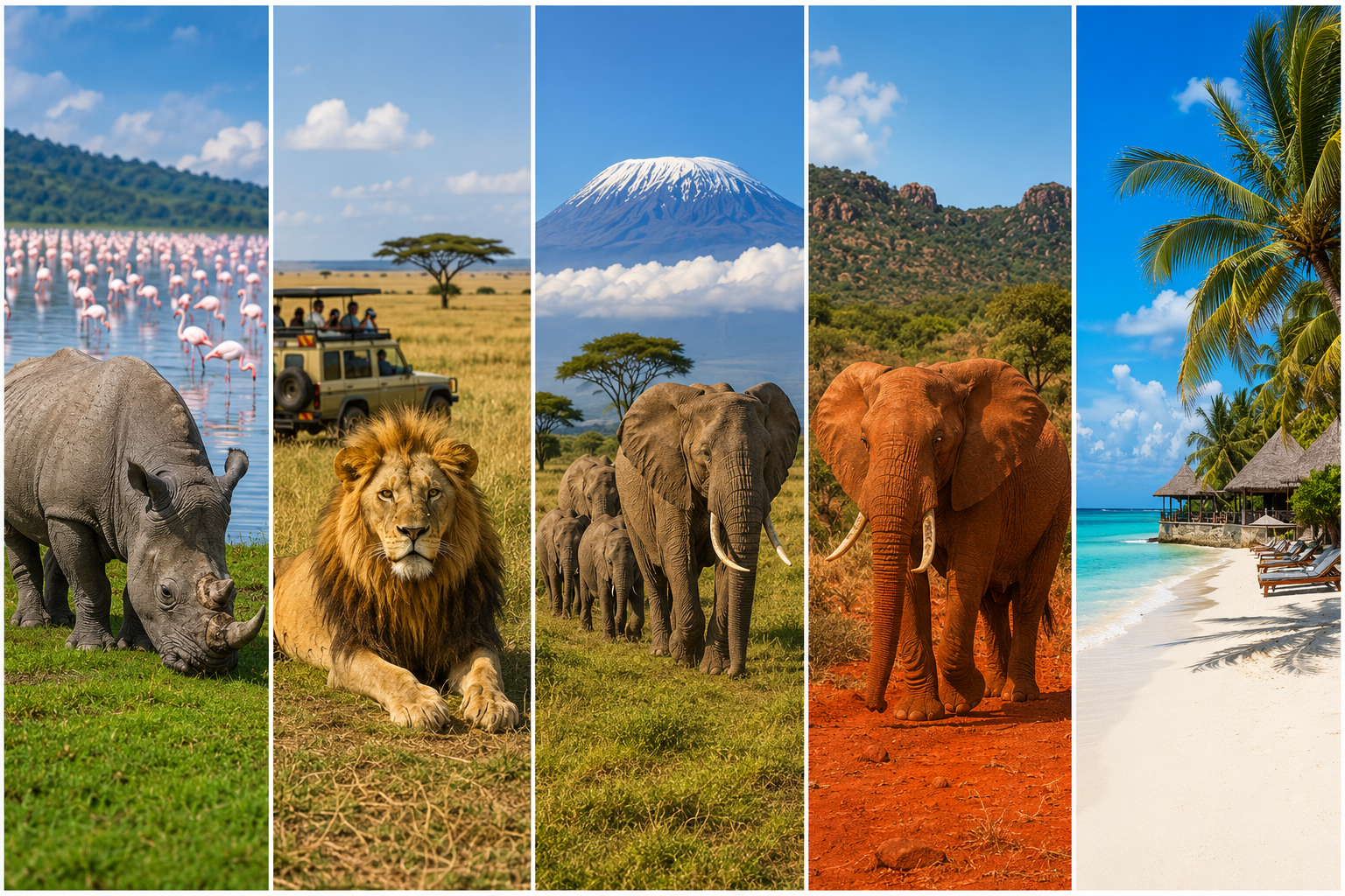 L. Nakuru, Maasai Mara, Amboseli, Tsavo & Diani
